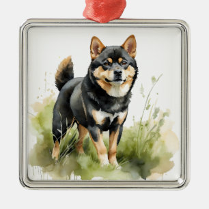 WATERCOLOR BLACK AND TAN SHIBA INU DOG METAL TREE DECORATION