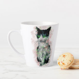 Watercolor Black And White Cat Pink Tint Green Eye Latte Mug