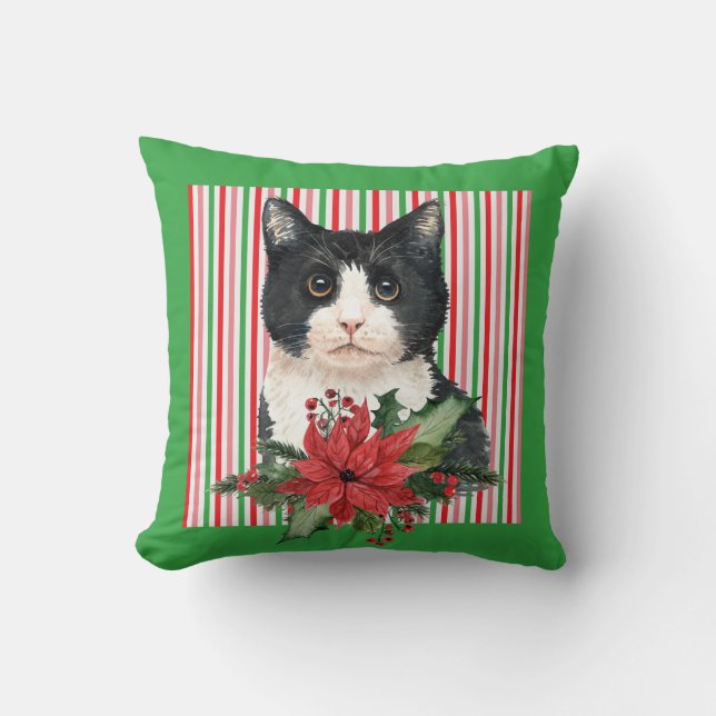 Watercolor Black and White Cat & Poinsettia   Cushion (Front)