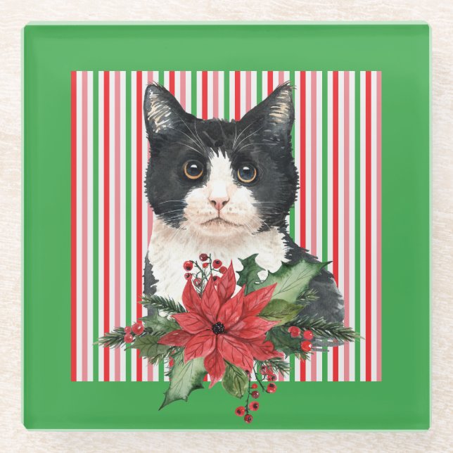 Watercolor Black and White Cat & Poinsettia  Glass Coaster (Front)