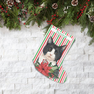 Watercolor Black and White Cat & Poinsettia   Small Christmas Stocking