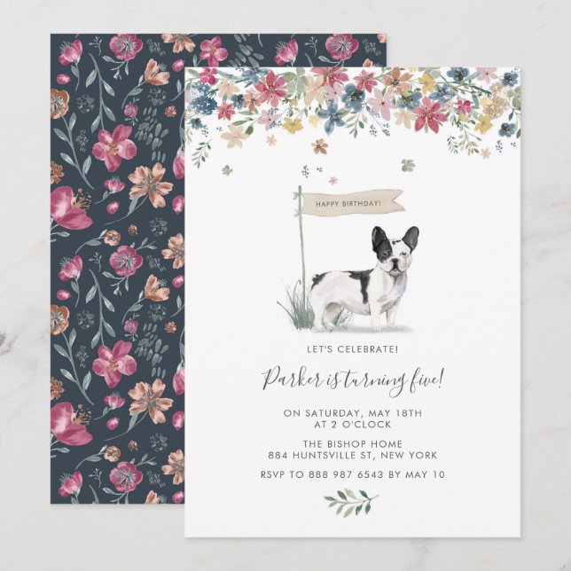 Watercolor Black and White French Bulldog Birthday Invitation (Front/Back)