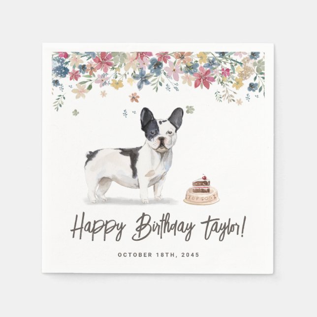 Watercolor Black and White French Bulldog Birthday Napkin (Front)
