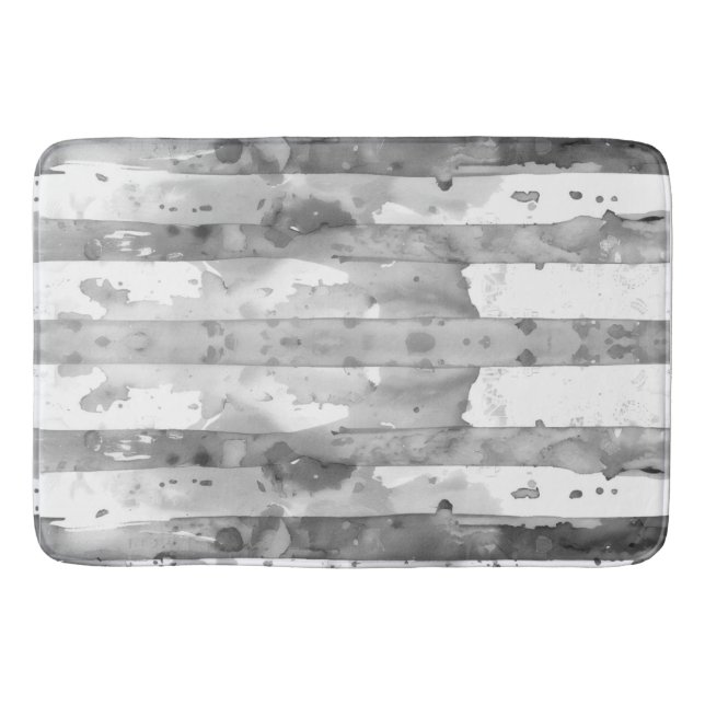 Watercolor Black and White Striped Bath Mat (Front)