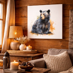 Watercolor Black Bear Woodland Art Canvas Print