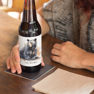 Watercolor Black Bear Woodland Art, custom Beer Bottle Label