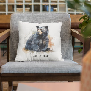 Watercolor Black Bear Woodland Art, custom Cushion