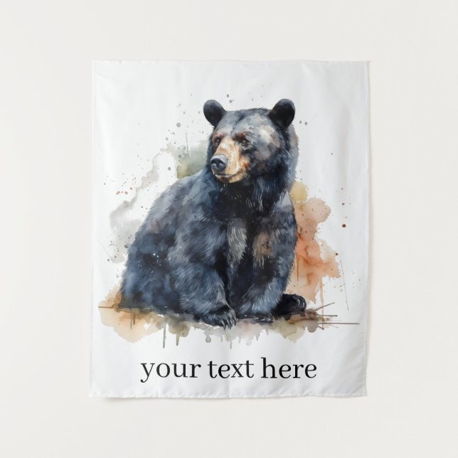 Watercolor Black Bear Woodland Art, custom Tapestry (Front)