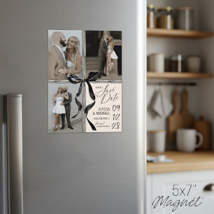 Watercolor Black Bow 3 Photo Wedding Save the Date Magnetic Invitation