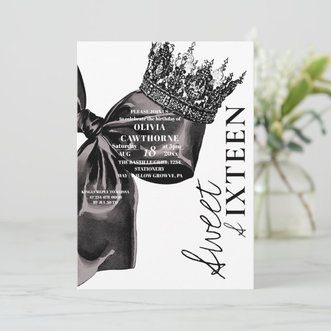Watercolor Black Bow Sweet 16 Birthday  Invitation (Standing Front)