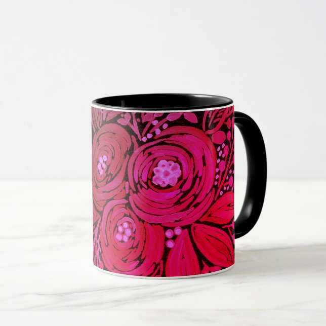 watercolor black brown floral pattern black, mug (Front Right)