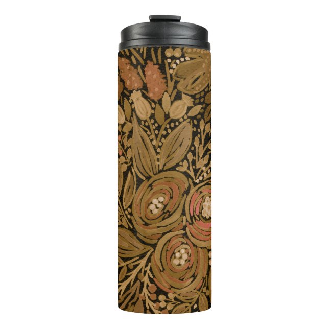 watercolor ,black brown floral, pattern black thermal tumbler (Front)