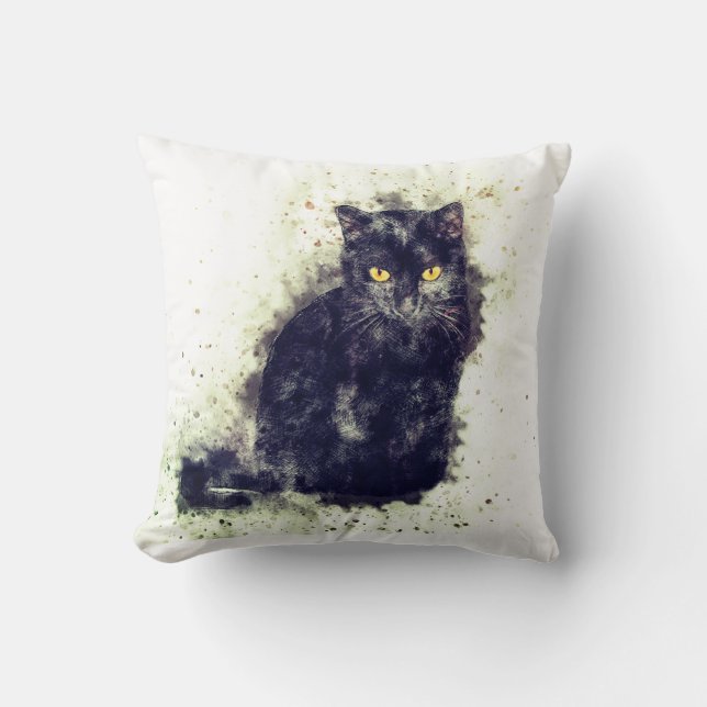 Watercolor Black Cat Cushion (Front)