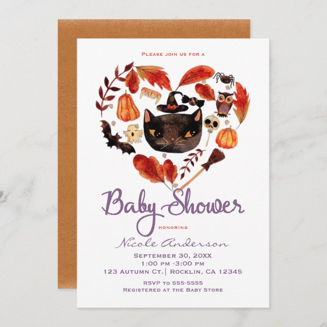 Watercolor Black Cat Halloween Baby Shower Invitation (Front/Back)