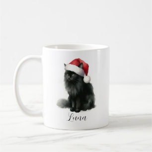 Watercolor Black Cat in Festive Santa Hat Mug