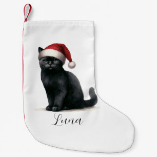 Watercolor Black Cat in Festive Santa Hat Stocking