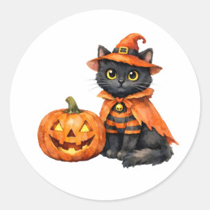 Watercolor Black Cat in Halloween Costume Classic Round Sticker