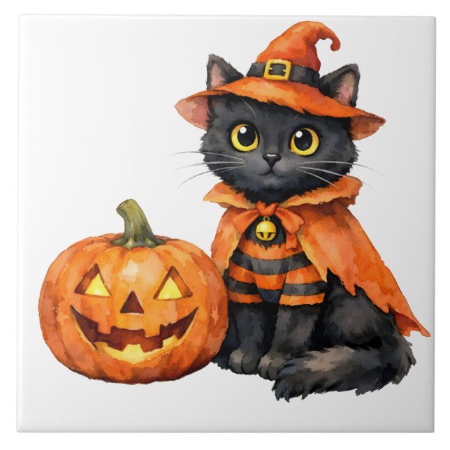 Watercolor Black Cat in Halloween Costume  Tile (Front)