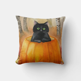 Watercolor Black Cat in Pumpkin Autumn Forest Hall Cushion