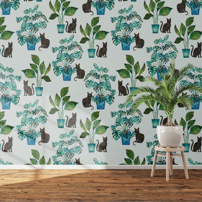 Watercolor Black Cat Monstera Houseplant Blue Wallpaper (Black cat with Monstera houseplant  art wallpaper)