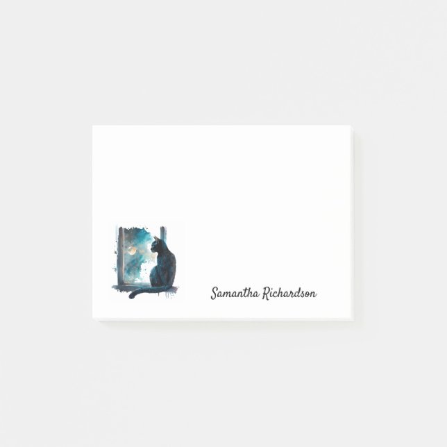 Watercolor Black Cat Moon Silhouette Post-it Notes (Front)