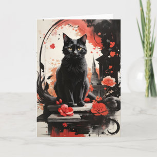 Watercolor Black Cat Splatter Art Flowers Blank Card