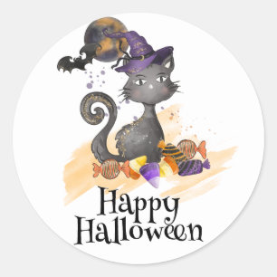 Watercolor Black Cat with candies, Halloween Classic Round Sticker