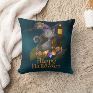 Watercolor Black Cat with candies, Halloween Cushion