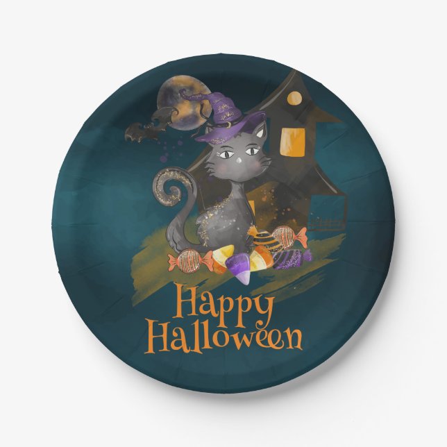 Watercolor Black Cat with candies, Halloween Paper Plate (Front)