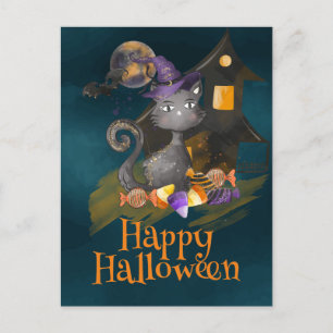 Watercolor Black Cat with candies, Halloween Postcard
