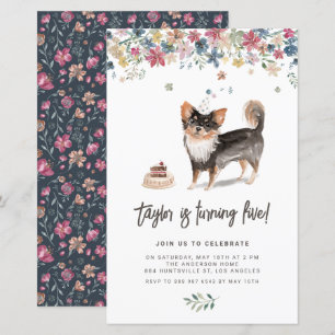 Watercolor Black Chihuahua Dog Birthday Invitation