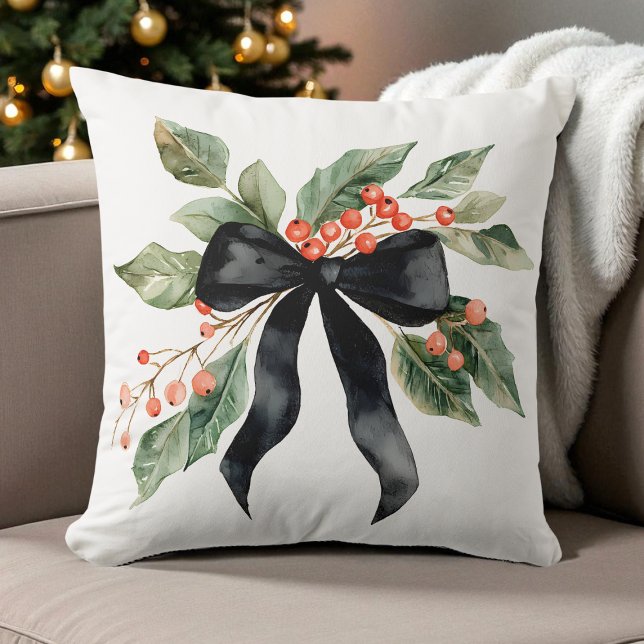 Watercolor Black Christmas Bow Geen Leaves Modern Cushion (Watercolor Black Christmas Bow Geen Leaves Modern Throw Pillow)