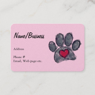 Watercolor Black Dog Paw Print Red Heart Pink Business Card