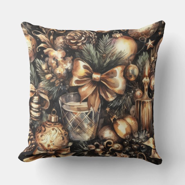 Watercolor Black Gold Christmas Motifs Holiday Cushion (Front)