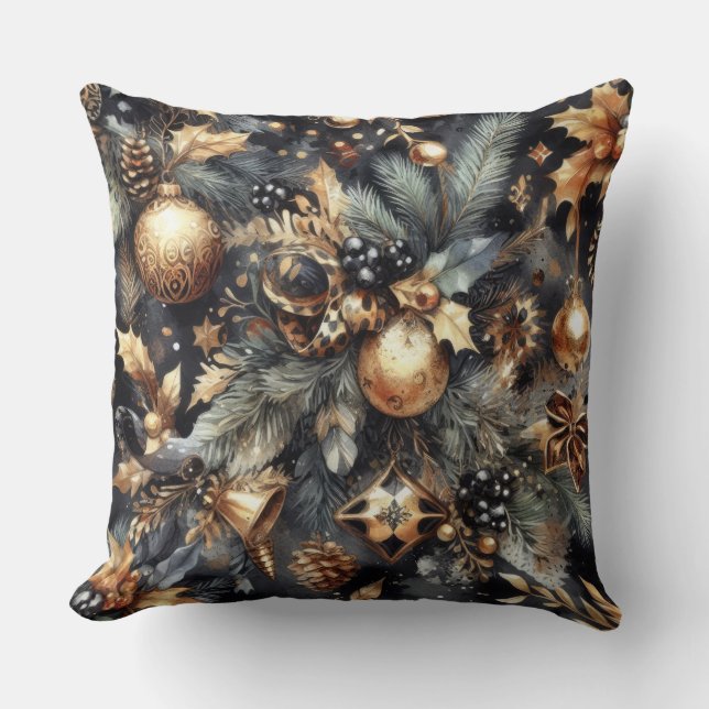 Watercolor Black Gold Christmas Motifs Holiday Cushion (Front)
