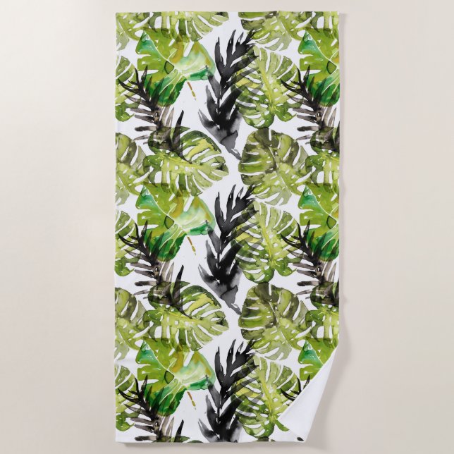 Watercolor Black Green Tropical Leaves Pattern Beach Towel (Front)