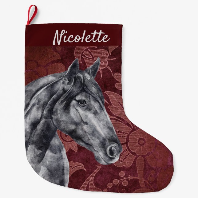 Watercolor Black Horse Personalised Large Christmas Stocking (Front)
