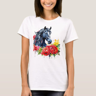 Watercolor Black Horse Red Roses T-Shirt