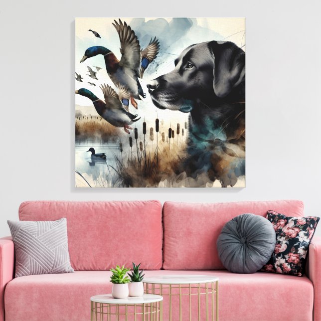 Watercolor Black Labrador And Ducks Canvas Print (Insitu(LivingRoom))
