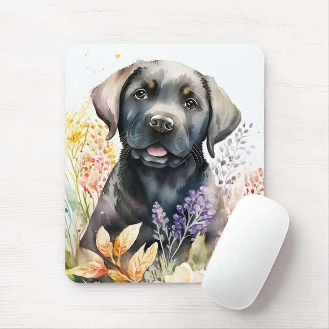 Watercolor Black Labrador Retriever and Flowers Mouse Pad (With Mouse)