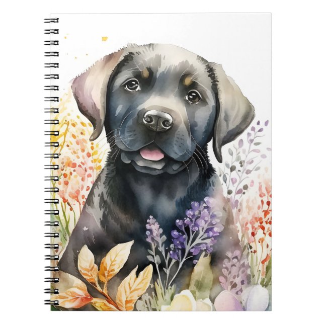 Watercolor Black Labrador Retriever and Flowers Notebook (Front)