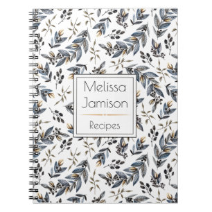 Watercolor Black Leaves Berries Monogram Recipe   Spiral Notebook