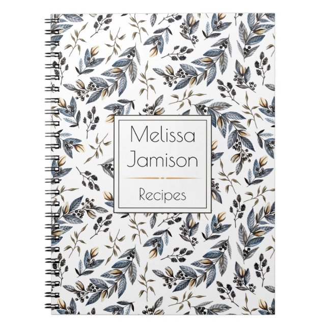 Watercolor Black Leaves Berries Monogram Recipe | Spiral Notebook (Front)