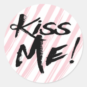 Watercolor Black Love Kiss Me Pink Stripes Classic Round Sticker