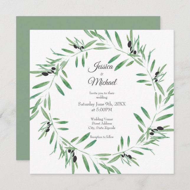 Watercolor Black Olive Wreath Invitation (Front/Back)