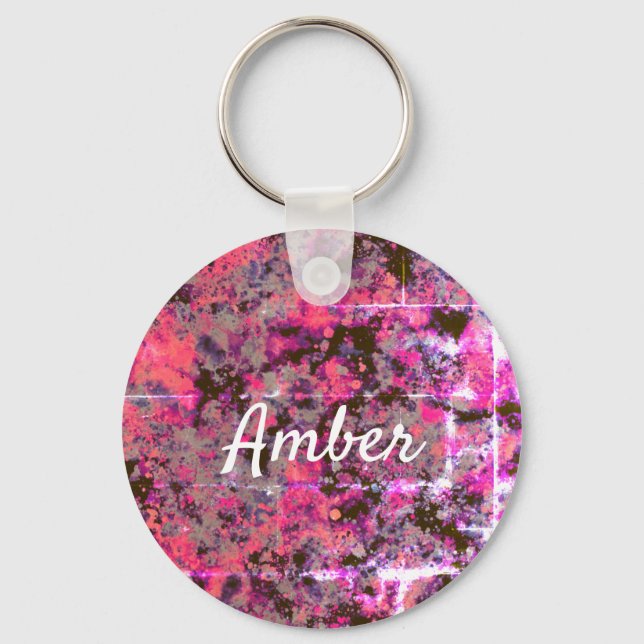 Watercolor Black Pink Paint Splash Personalised Key Ring (Front)