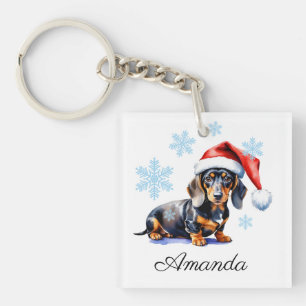 Watercolor Black & Tan Dachshund Christmas Dog Key Ring