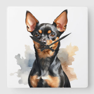 WATERCOLOR BLACK & TAN MINIATURE PINSCHER DOG SQUARE WALL CLOCK