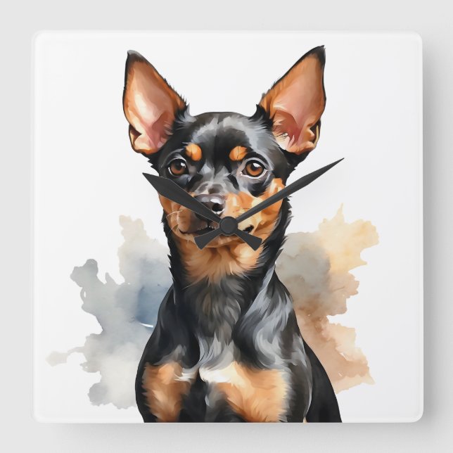 WATERCOLOR BLACK & TAN MINIATURE PINSCHER DOG SQUARE WALL CLOCK (Front)