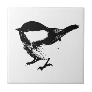 Watercolor Black White Chickadee Bird Wildlife Art Tile